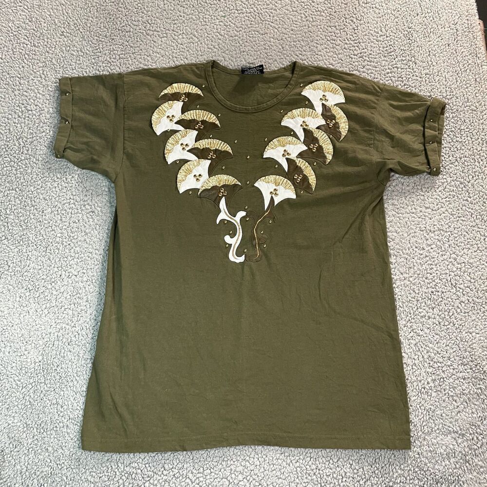 Vintage Oversized T Shirt Women's Short Sleeve Green Gold One Size